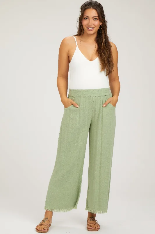 CroptopdyeSage Linen Frayed Hem Crop Maternity Pants