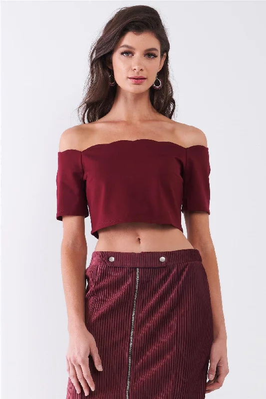 Velvet Short Sleeve TopsBurgundy Scallop Hem Off-The-Shoulder Short Sleeve Cropped Top /1-1-2-1