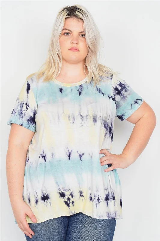 UV-Protection Short Sleeve TopsPlus Size Blue Yellow Tie Dye Retro Basic Short Sleeve Top  /2-2-1-1