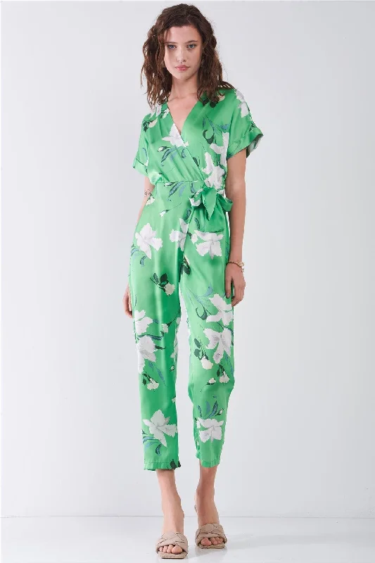 Off-Shoulder Short Sleeve TopsSpring Is Here Green Satin Floral Print Short Sleeve Self-Tie Wrap Front Jumpsuit /3-2-1