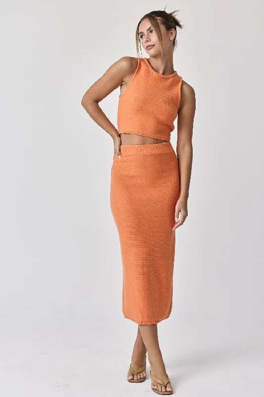 CroptopprintOrange Sleeveless Crop Skirt Set