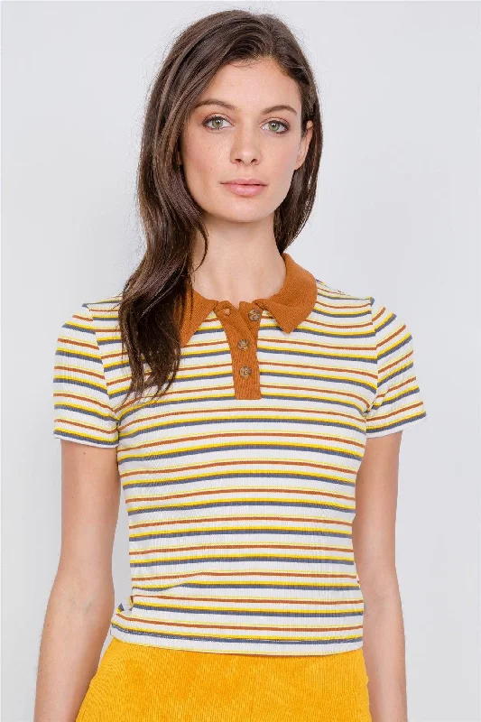 Recycled Fabric Short Sleeve TopsCamel Combo Stripe Crop Polo Short Sleeve T-Shirt /3-2-1