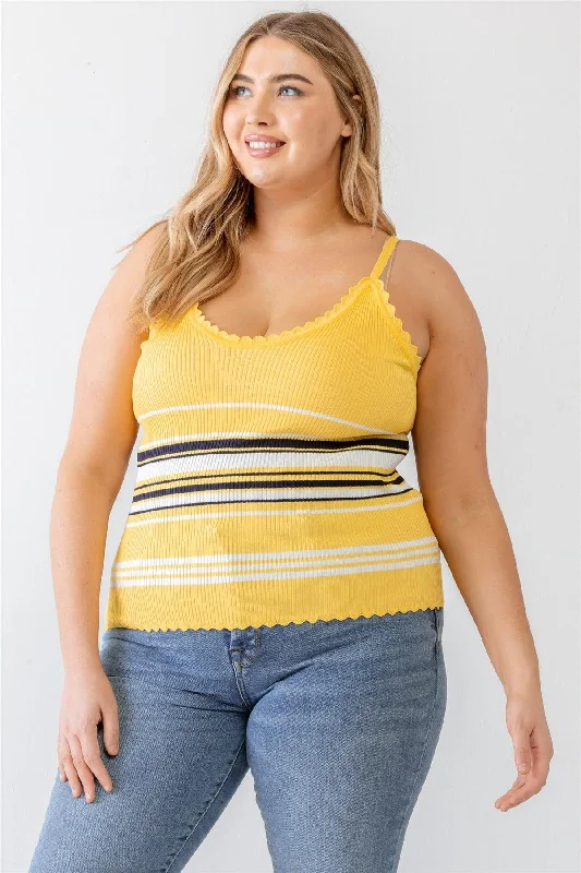 Running teePlus Size Striped Ribbed Ruffle Tank Top