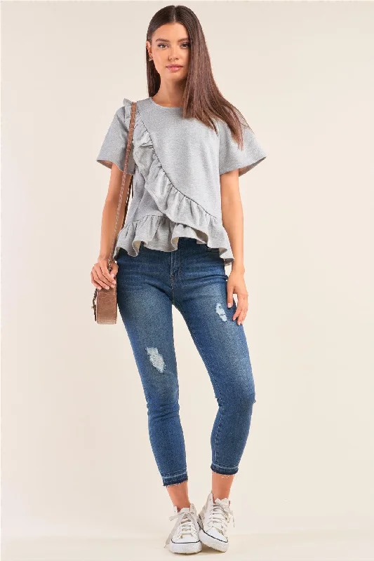 Compression Short Sleeve TopsHeather Grey Short Sleeve Crew Neck Asymmetrical Ruffled Top /1-1-2-1