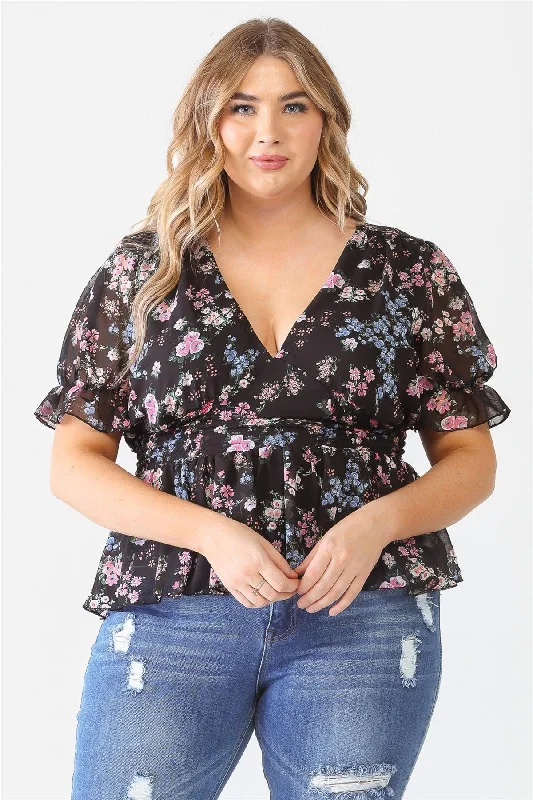 Cropped Short Sleeve TopsJunior Plus Black Floral Chiffon Puff Short Sleeve Flare Hem Top /1-1-1