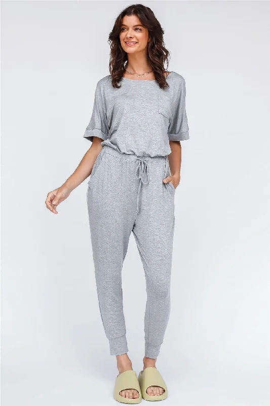 Linen Short Sleeve TopsHeather Grey Front Pocket Fitted Waistline Round Neck Short Sleeve Jumpsuit /1-1-1