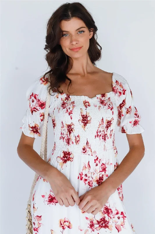 Outdoor Short Sleeve TopsWhite Multi Floral Print Square Neck Short Sleeve Romper /1-1-1-1