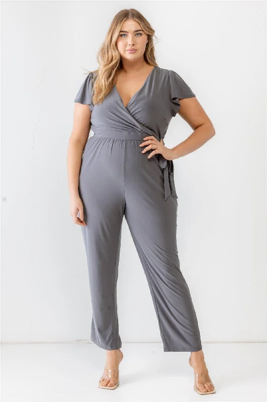 Polyester Short Sleeve TopsJunior Plus Charcoal Two Pocket Tie Wrap Short Sleeve Jumpsuit /3-2-1