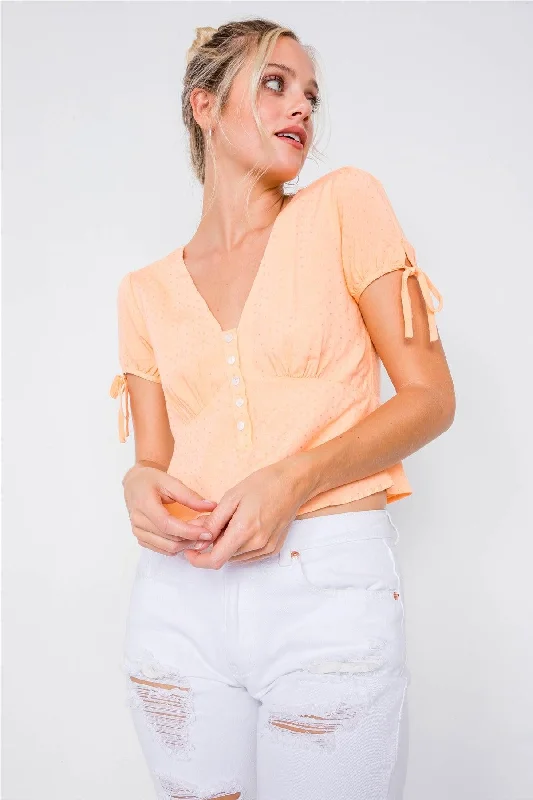 Hemp Short Sleeve TopsLight Orange Short Sleeve Baby Doll Button Down Sleeve Tie Top /3-2-1