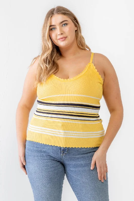 Athletic teePlus Size Yellow Striped Ribbed Ruffle Tank Top