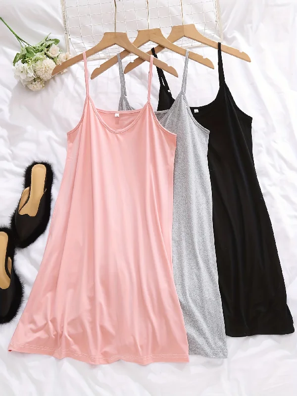 Crewneckshirt3pcs Simple Solid Nightdress, Crew Neck Spaghetti Strap Sleep Dress, Women's Sleepwear & Dresses