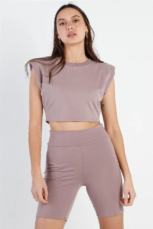 CroptopunityDark Mauve Padded Shoulder Crop Top & Biker Short Set