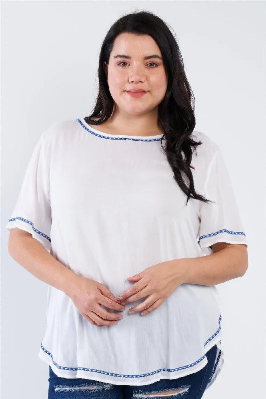 Running Short Sleeve TopsJunior Plus Size White Embroidered Hem Short Sleeve Top /2-2-2