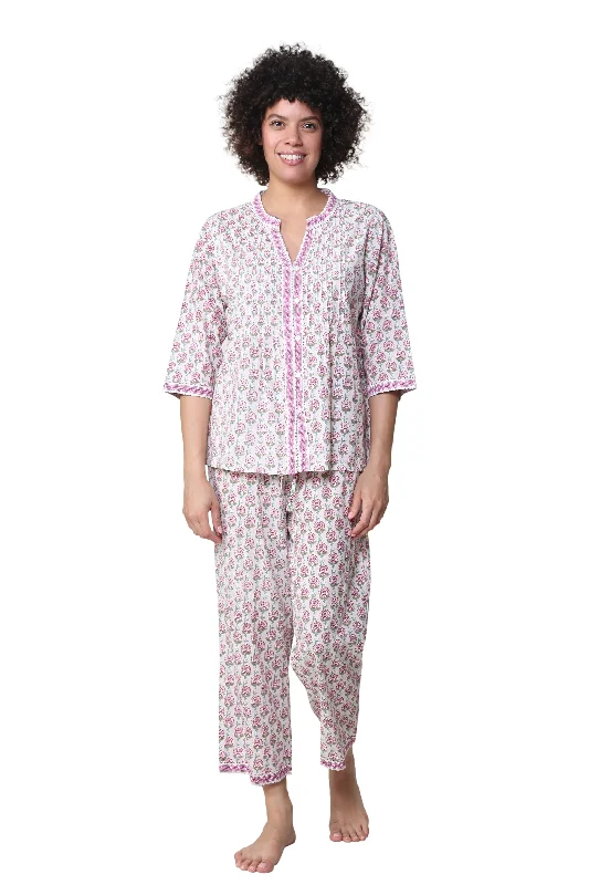 La Cera 3/4 Sleeve Pleat Front Capri Pajama Set