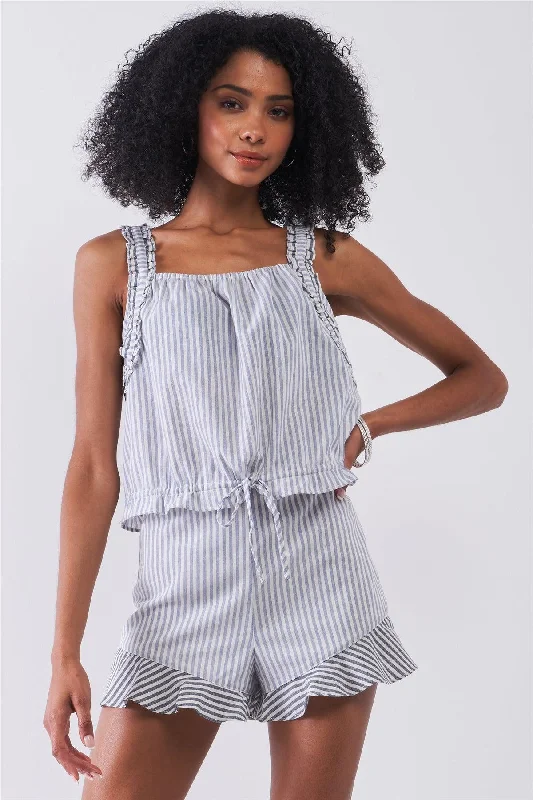 CroptoptechLight Blue & White Striped Sleeveless Ruffle Detail Crop Top