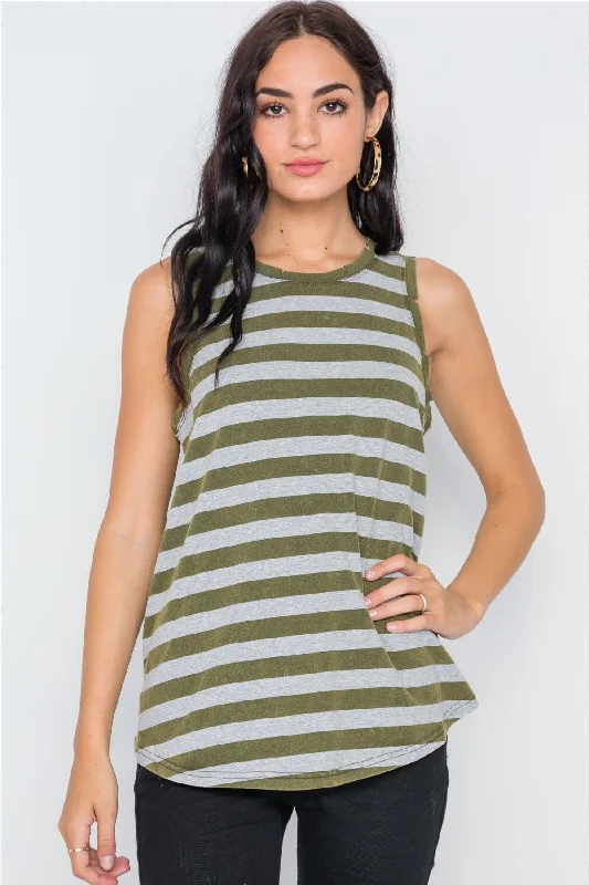 Breathable teeOlive Color-Block Distressed Striped Muscle Tank Top /2-2-2