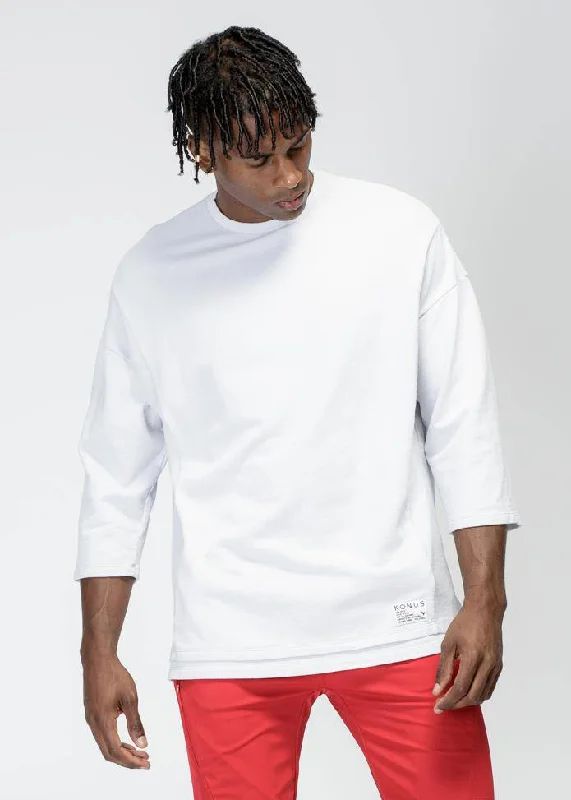 CrewneckvrKonus Men's Hi-Lo 3Q Crewneck Sweatshirt in White