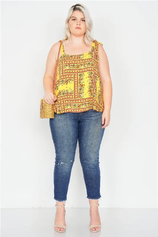 Windproof teeJunior Plus Size Yellow  Scoop Neck Boho Floral Print Tank Top /2-2-1