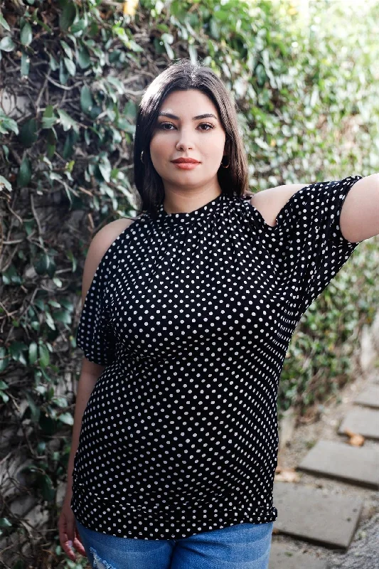 Sleep Short Sleeve TopsJunior Plus Black & White Polka Dot Cold Shoulder Short Sleeve Back Self-Tie Top /1-3-1