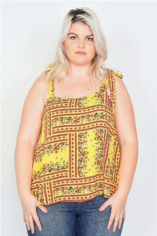 Reflective teeJunior Plus Size Yellow  Scoop Neck Boho Floral Print Tank Top  /1-2-2-1