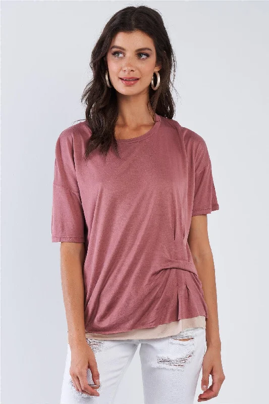 Logo Short Sleeve TopsSmoke Rose Layered Soft Loose Fit Short Sleeve Top With One Sided Cinched Seam /3-2-1