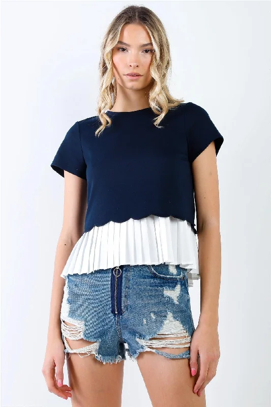 Cropped Short Sleeve TopsNavy & White Layered Pleated Hem Short Sleeve Top /1-2-2-1