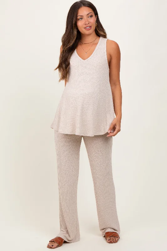 Mesh vestCream Rib Knit Tank and Pant Maternity Set