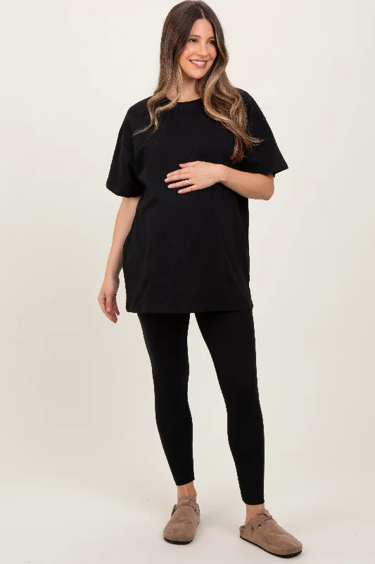 Sports Team Short Sleeve TopsBlack Oversized Crewneck Short Sleeve and Legging Maternity Set