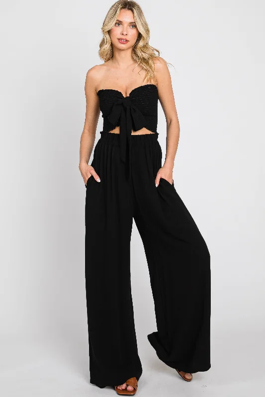 CroptophemBlack Front Tie Crop Top and Pant Set