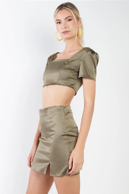 CroptopdeviceOlive Satin Effect Square Neck Crop Top & High Waist Slit Detail Mini Skirt Set /3-2-1