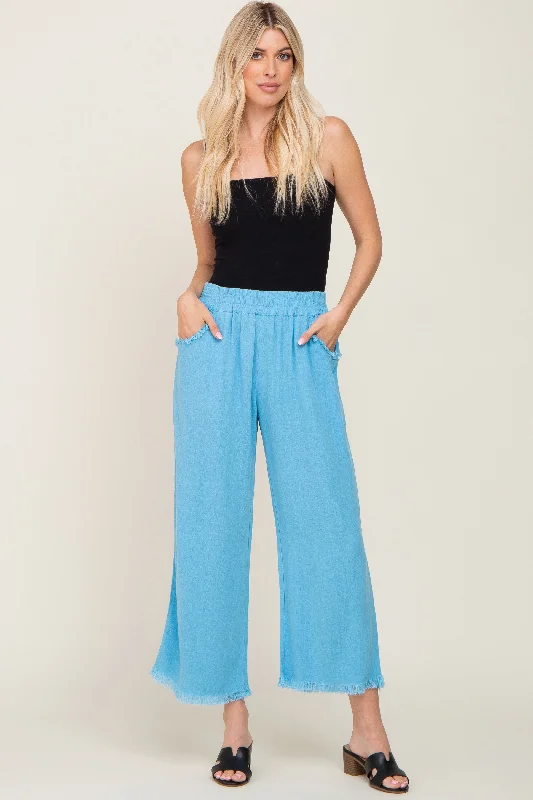 CroptopcollarAqua Blue Linen Frayed Hem Crop Pants