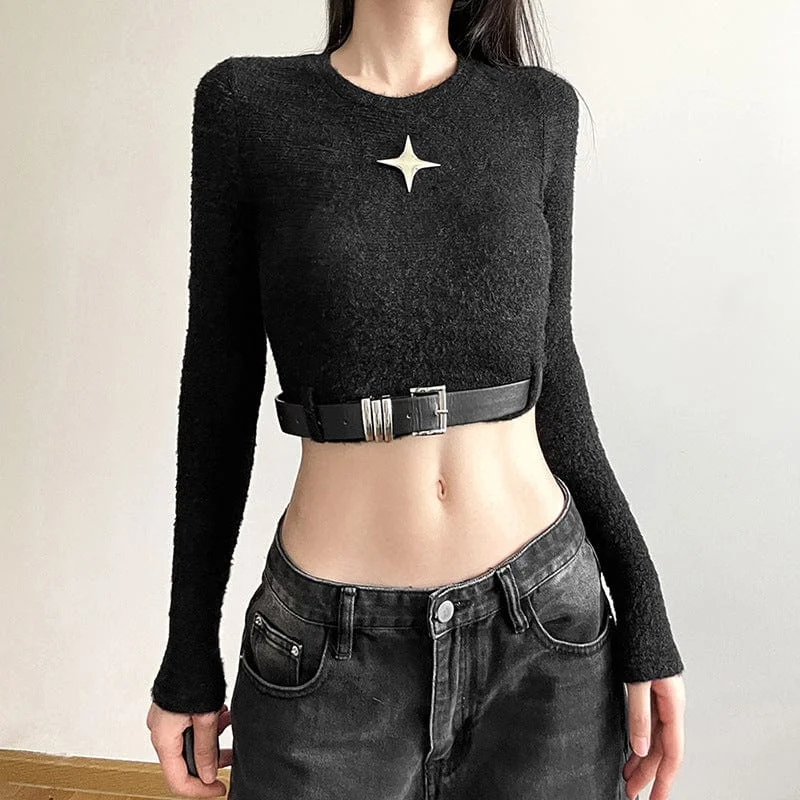 CroptopgadgetWomen's Grunge Crew Neck Long Sleeved Crop Top with Belt