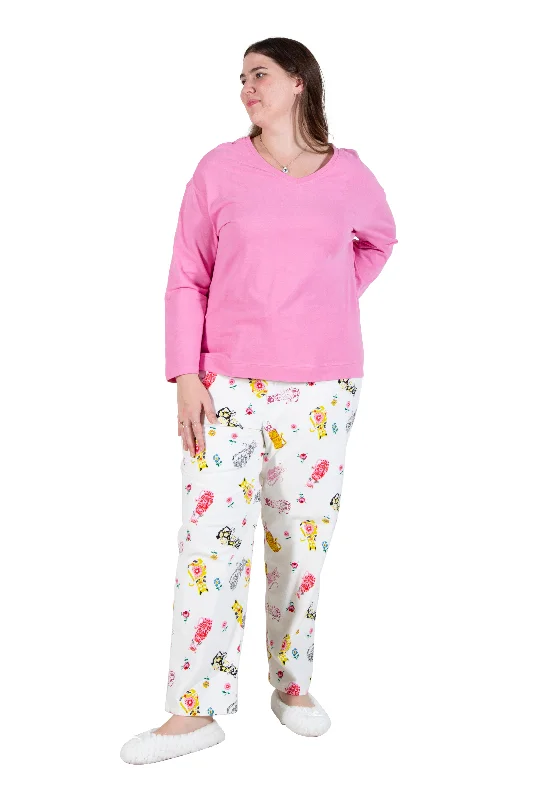 Pink Flannel Cat Print Plus Size Pajama Set