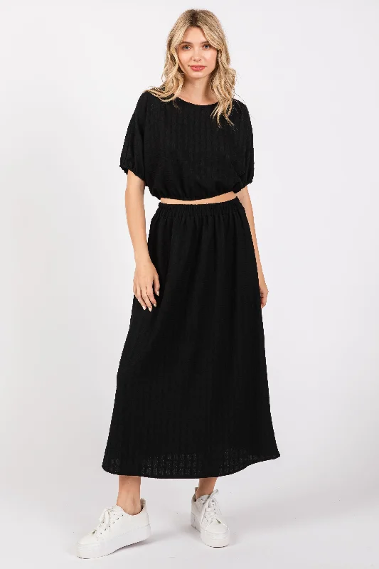 CroptopmodernBlack Waffle Texture Crop Top and Skirt Set