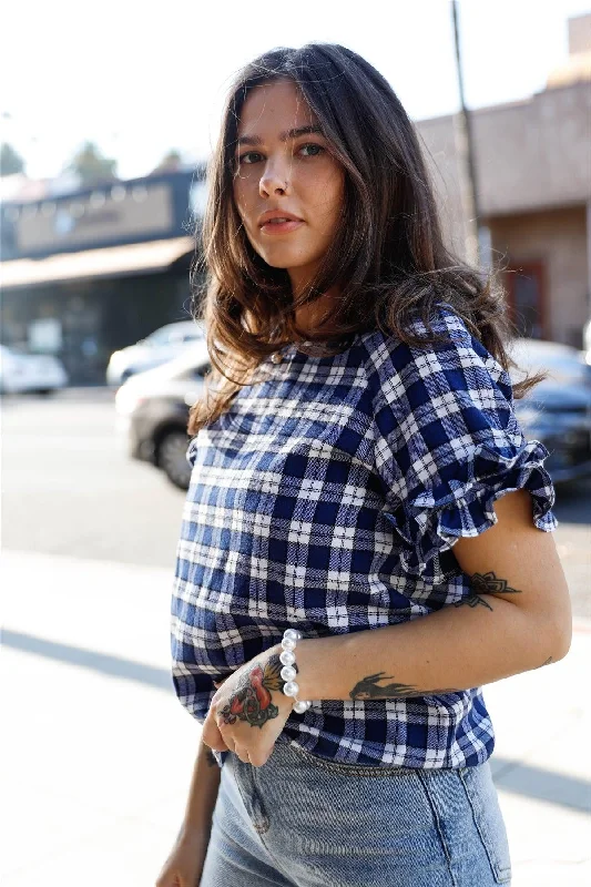 Retro Short Sleeve TopsNavy Plaid Ruffled Cuff Short Sleeve Top /1-2-2-1