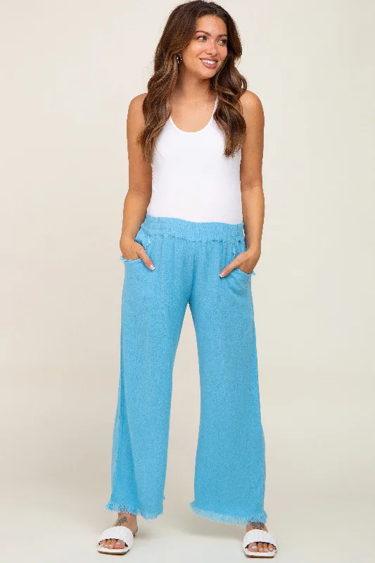 CroptopsleeveAqua Blue Linen Frayed Hem Crop Maternity Pants