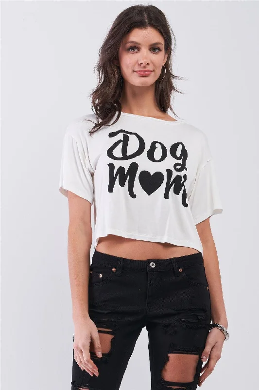 CroptoplifestyleOff-White "Dog Mom" Print Logo Accent Relaxed Cropped Tee /3-2-1