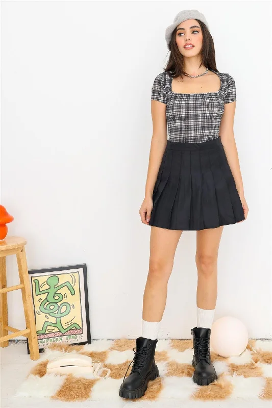 Silk Short Sleeve TopsCream & Black Plaid Square Neck Short Sleeve Bodysuit /1-2-1