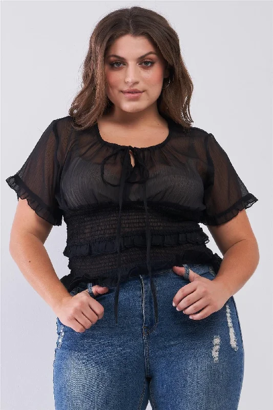 Reflective Short Sleeve TopsJunior Plus Black Short Sleeve U-Neck With Self-Tie Detail Frill Smocked Sheer Top /2-2-2