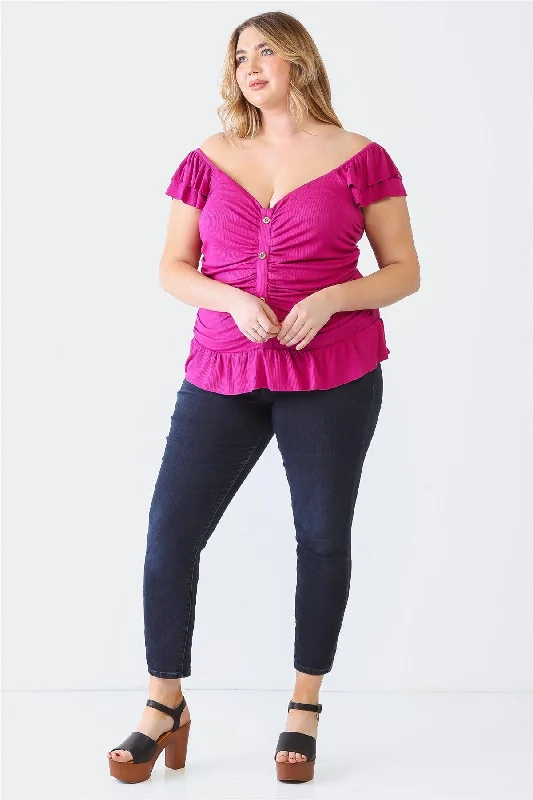 Sports Team Short Sleeve TopsJunior Plus Fuchsia Ribbed Button-Up Ruffle Short Sleeve Top /2-2-1