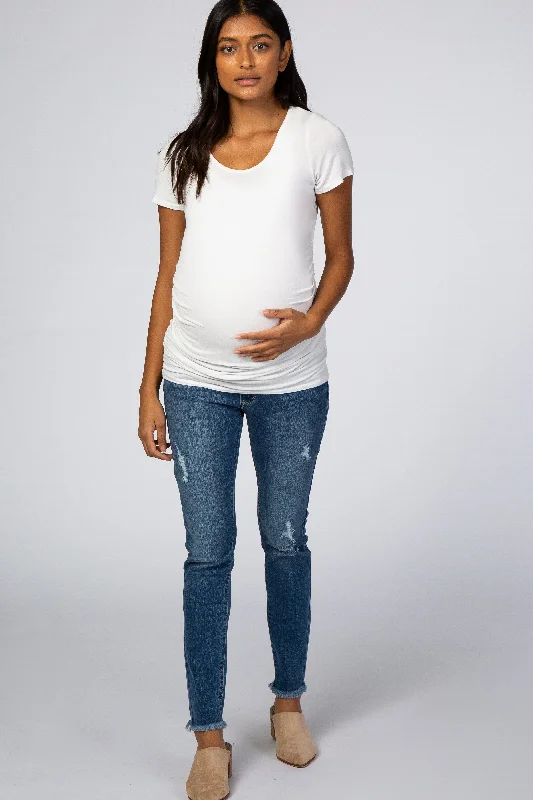 CroptopfinishBlue Distressed Raw Hem Skinny Crop Maternity Jeans