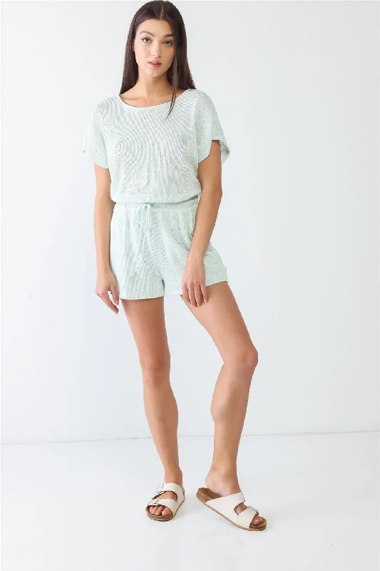 Sheer Short Sleeve TopsMint Knit Two Pocket Short Sleeve Wrap Open Back Romper /1-2-1