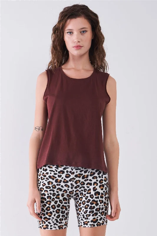 Trail vestBurgundy Solid Sleeveless Raw Hem Detail Round Neck Basic Tank Top /1-2-2-1