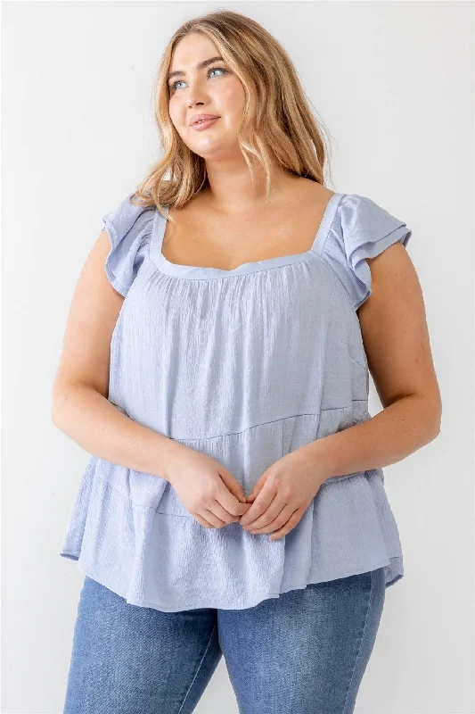 Jersey Short Sleeve TopsJunior Plus Baby Blue Crinkled Short Sleeve Flare Hem Top /3-2-1