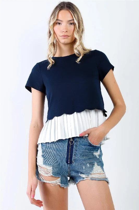 Off-Shoulder Short Sleeve TopsNavy & White Layered Pleated Hem Short Sleeve Top /1-2-1-1-1