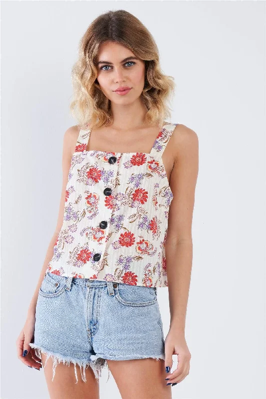 Trail jacketCream Red Button Front Straight Neck Floral Tank Top /3-2-1