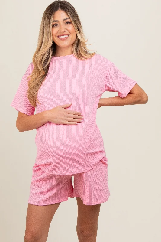 Plush Short Sleeve TopsPink Ribbed Short Sleeve Maternity Pajama Set