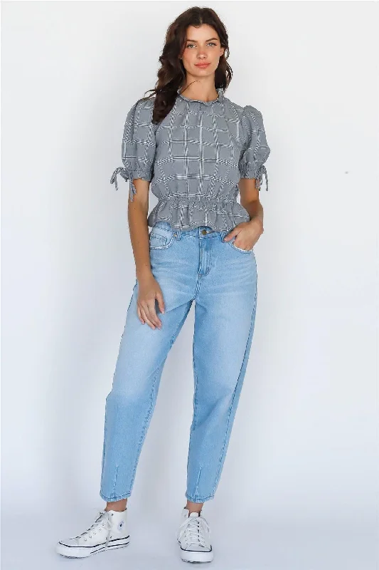 Fitted Short Sleeve TopsGrey Plaid Ruffled Mock Neck Balloon Short Sleeve Back Cut-Out Crop Top