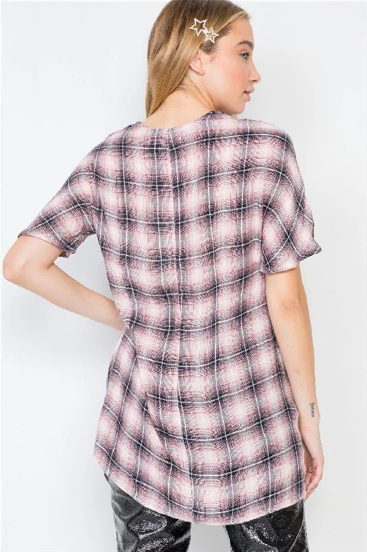 Hip-Hop Short Sleeve TopsBlush Plaid Short Sleeve Front-Twist Top /3-2-1