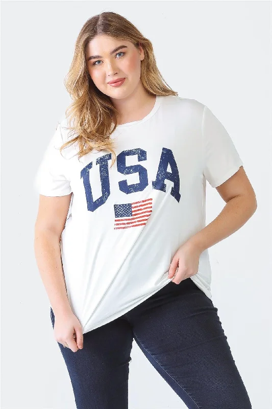 Fitted Short Sleeve TopsJunior Plus White "USA" Print Crew Neck Short Sleeve Top /3-2-1